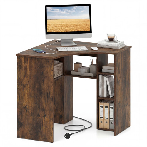 Costway Corner Desk Triangle Computer Desk with Storage Shelves