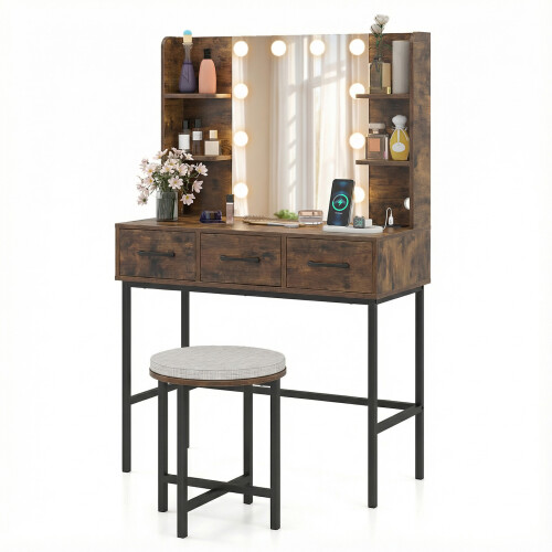 Costway Vanity Desk w/Mirror & Lights Makeup Table & Stool Set w/Power Outlets