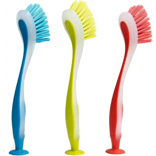 Plastic Dish Scrub Brushes with Suction Cups, 3 Pack, Durable Bristles for Sinks, Dishes, Pots and Pans