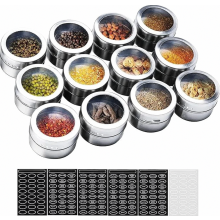 12 Pack Magnetic Spice Jars, Stainless Steel and Clear Glass, Fridge and BBQ Storage with 120 Labels