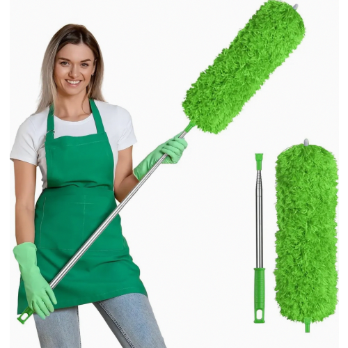 Washable Microfibre Duster with 242 cm Extendable Stainless Steel Pole, Flexible Corner Tool, Green