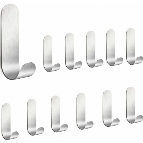 12 Pack Stainless Steel Adhesive Hooks, No-Drill Wall Hooks, Waterproof, Rust Resistant, Silver