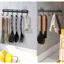 2 Pack Kitchen Utensil Holder Rail with 6 Hooks, No Drill Hanging Organizer for Kitchen or Bathroom, Black