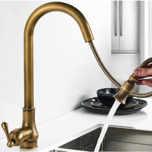 Antique Bronze Copper Kitchen Tap, Single-Hole Mixer with Pull-Out Sprayer for Home Kitchens