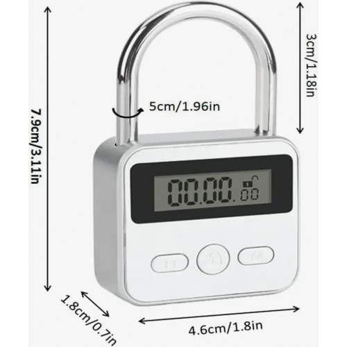 Digital Timed Padlock with LCD Display, 99-Hour Timer, USB Rechargeable, Silver Security Lock for Phone Use Control 1
