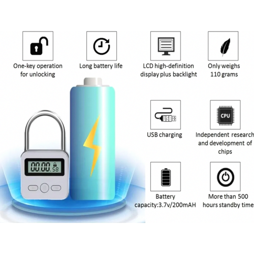 Digital Timed Padlock with LCD Display, 99-Hour Timer, USB Rechargeable, Silver Security Lock for Phone Use Control 2