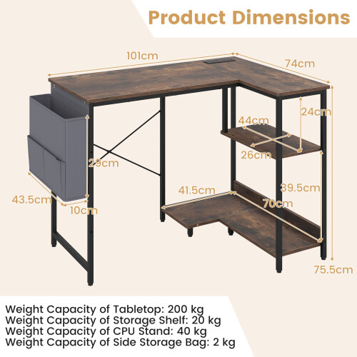 Costway L-Shaped Computer Desk with Integrated Charging Hub 2