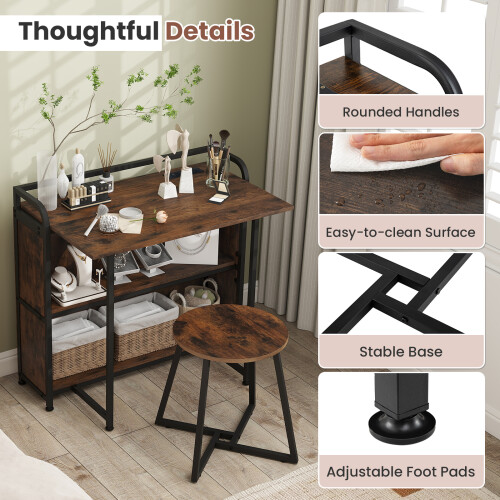 Costway Folding Table w/Stool 90 cm Computer Desk Set w/ AC Outlets 2