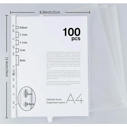 100 A4 Clear Document Sleeves, Transparent PP Plastic Pockets for Reports, Brochures and Paperwork 1