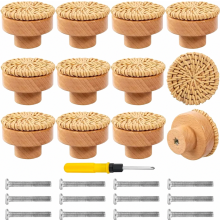 12 Rattan Furniture Knobs, Boho Cabinet Handles, Wooden Drawer Pulls for Wardrobes and Kids Rooms