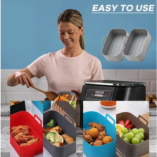 2 Pack Silicone Air Fryer Baskets, Reusable Replacement Cooking Accessories for Kitchen Ovens, Grey 2