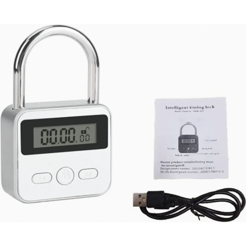 Digital Timed Padlock with LCD Display, 99-Hour Timer, USB Rechargeable, Silver Security Lock for Phone Use Control