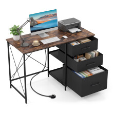 Home Office Desk with 3 Fabric Drawers and Charging Station for Work