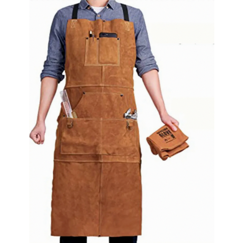 Leather Welding Apron with 6 Tool Pockets, Flame Resistant, Heat Resistant, Adjustable Cross Back Straps