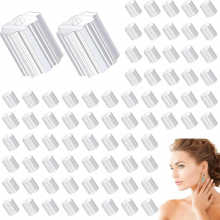 200 kirkasta silikonista korvakorujen takaosaa, 3 x 4 mm korvakorujen tulpat korujen valmistukseen ja korjaukseen, 100 paria