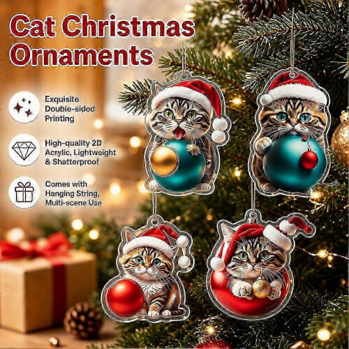 Christmas Cat Ornaments - Acrylic Tree Decorations Create Festive Feline Charm