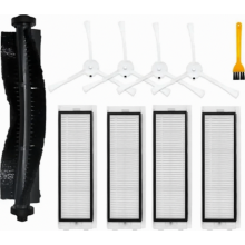 Repuestos para aspiradora robot: cepillo principal, cepillo lateral, filtro HEPA y filtro del depósito de agua.