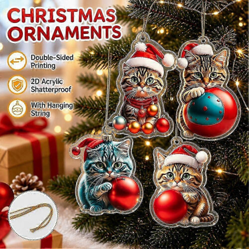 Christmas Cat Ornaments - Acrylic Tree Decorations Create Festive Feline Charm 1