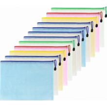 Paquete de 12 fundas para documentos A5, coloridas bolsas de malla impermeables con cremallera para archivos, cosméticos y accesorios de viaje.