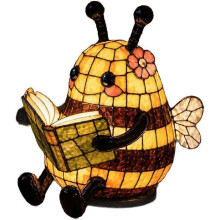 Stained Glass Bee Reading Book Night Lamp, Warm LED Cute Animal Decor Table Light for Bedroom Bedside Home Ornament