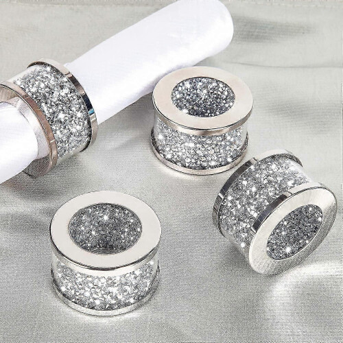Glamorous Napkin Rings Set - Crushed Diamond Bling Holders for Dinner Parties (Silver, 4pcs)