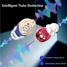 Portable, magnetic rechargeable in-ear sound amplifier for the elderly, featuring intelligent noise reduction.