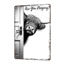Vintage HighlandCow aluminiumsskilt: Sjovt "Lad du dig afføre?" Sort og hvid badeværelsesvægdekoration til western- og HighlandCow-e