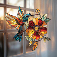 Realistischer Kolibri- und Blumen-Sonnenfänger mit detaillierten Flügeln, leichtem, bruchsicherem Acryl, mehrfarbig