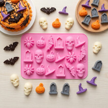 (1pc) Halloween Silicone Chocolate Candy Mold, 18-Cavity Pumpkin Skull Bat Tombstone Shape Cake Decorating Mold for Fondant