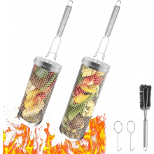 Tweedelige roestvrijstalen rolgrillmandset met afneembaar handvat en borstel voor groenten, vlees en friet.