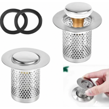 Set van 2 roestvrijstalen gootsteenafvoerstopjes met anti-verstoppingsfilter, push-up afvoer voor gaten van 34-38 mm.