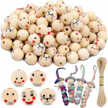 Holzperlen mit Smiley-Gesicht, 20 mm Durchmesser, runde Bastelperlen mit 4,5 mm Löchern, 100 Stück, 5 Designs für DIY-Schmuck