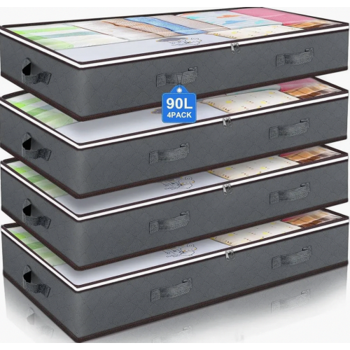 4 Pack 90L Underbed Storage Boxes with Lids, Foldable Organisers for Clothes, Duvets and Bedding, Grey
