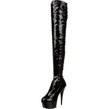 Pleaser Delight-3050, botas altas para mulher, salto de 15 cm, acabamento lacado preto, com atacadores