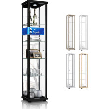 Vitrina de cristal em preto, 176x37x33 cm, 4 estantes ajustáveis, espelho, LED, para maquetes de carros