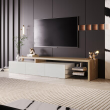 Rosahqnda TV-Schrank, 197,5 x 39 x 42 cm, Hochglanz-Weiß, Holzoptik, mit Glasböden
