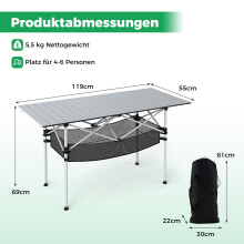 Opklapbare campingtafel met oprolbaar aluminium blad, zilverkleurig