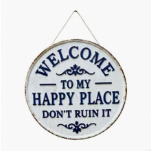 Welkomstbord voor de voordeur, ijzeren 'Welkom in Happy Place'-plaquette voor thuis, kantoor, slaapkamer, keuken, eetkamer of bar.