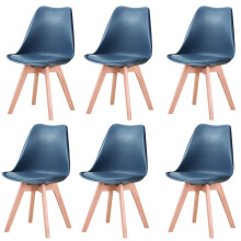 Eetkamerstoel, set van 6, donkerblauw, PU-gewatteerde zitting, beukenhouten poten