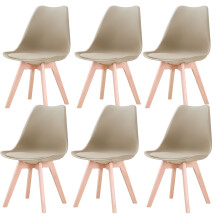 Set van 6 Scandinavische eetkamerstoelen, PU-gewatteerde zitting, beukenhouten poten, beige