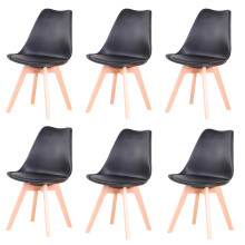 Scandinavische eetkamerstoelen, set van 6, zwart, PU-gewatteerde zitting, beukenhouten poten