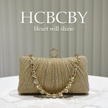(Gold) Champagne Shiny Ruched Mini Bag, Gorgeous Rhinestone Chain Women Evening Clutch Purse