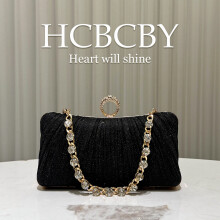 (Black) Champagne Shiny Ruched Mini Bag, Gorgeous Rhinestone Chain Women Evening Clutch Purse