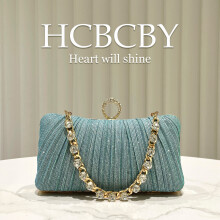 (Mint green) Champagne Shiny Ruched Mini Bag, Gorgeous Rhinestone Chain Women Evening Clutch Purse