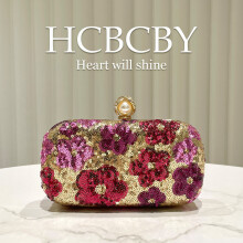 (Rose red) Champagne Shiny Sequin Embroidered Clutch, Elegant Women Evening Cheongsam Dress Purse