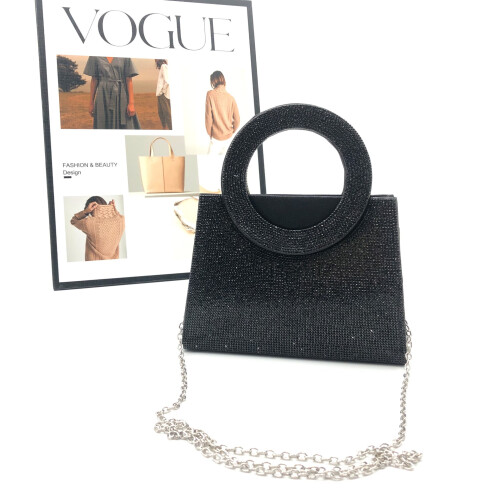 (Black) New Solid Compact Evening Bag, Elegant Women Rhinestone Clutch Shoulder Purse