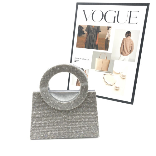 (Silver) New Solid Compact Evening Bag, Elegant Women Rhinestone Clutch Shoulder Purse