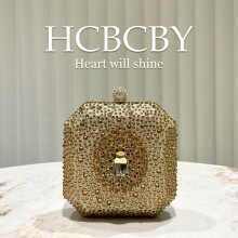 (Gold) Dark Green Shiny Rhinestone Small Clutch, Elegant Women Unique Mini Box Evening Bag with Rhinestone Buckle