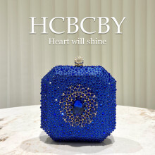 (Blue) Dark Green Shiny Rhinestone Small Clutch, Elegant Women Unique Mini Box Evening Bag with Rhinestone Buckle