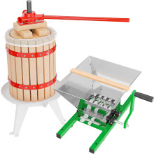 Prensa para frutas e bagas de 18 litros, triturador de 7 litros, com funil de aço inoxidável e estrutura de madeira de carvalho